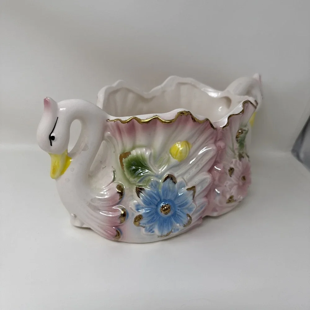 Swan Vase Planter Pearlized Pink Floral 5